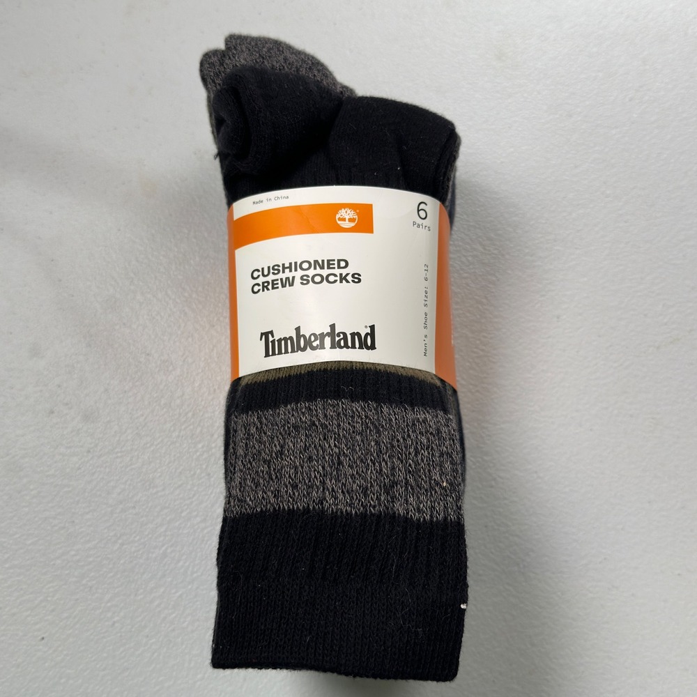 Timberland Cushioned Crew Socks 6 Pairs Black Grey Multi Cotton Blend Mens 6-12